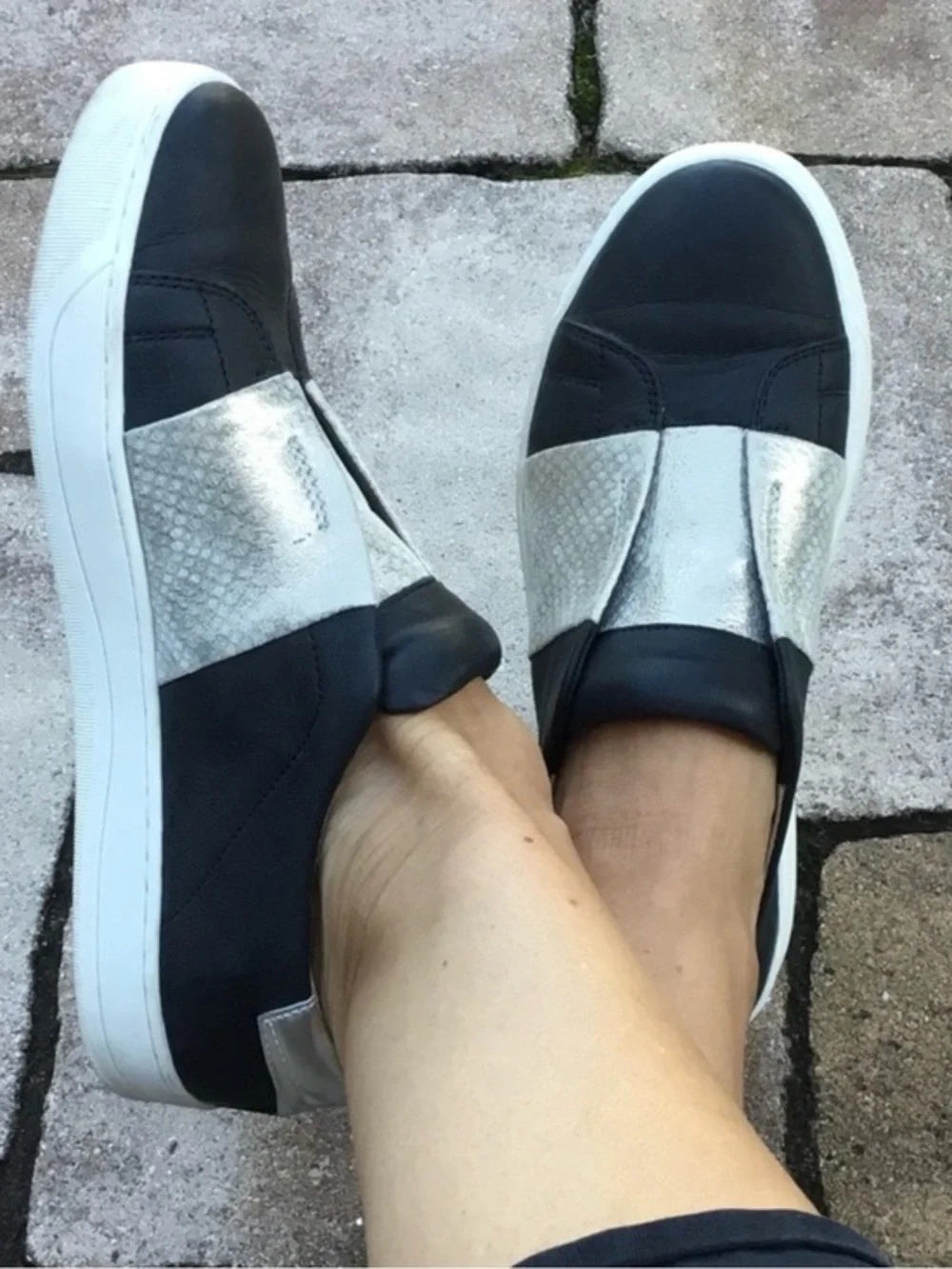Johnston & Murphy Black Slip-On Sneakers with Silver Band